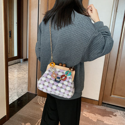 Solid Wood Clip Shoulder Bag Women Plush Color Matching Messenger Bag
