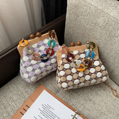 Solid Wood Clip Shoulder Bag Women Plush Color Matching Messenger Bag