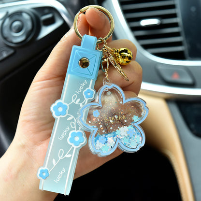 Cartoon Quicksand Cherry Blossom Keychain Acrylic Transparent Flower Oil Drift Bottle Bag Pedants Hangings